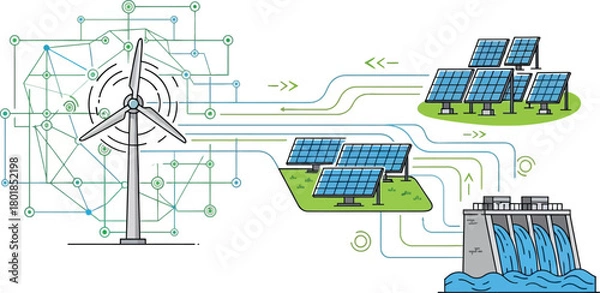 Fototapeta Renewable energy sources like wind turbine, solar panel, and hydroelectric power