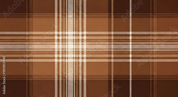 Fototapeta A detailed close-up of a warm brown and white checkered tartan fabric pattern for a seamless background