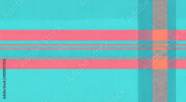 Fototapeta Minimalist textile-inspired pattern featuring intersecting coral and grey stripes against a vibrant turquoise backdrop