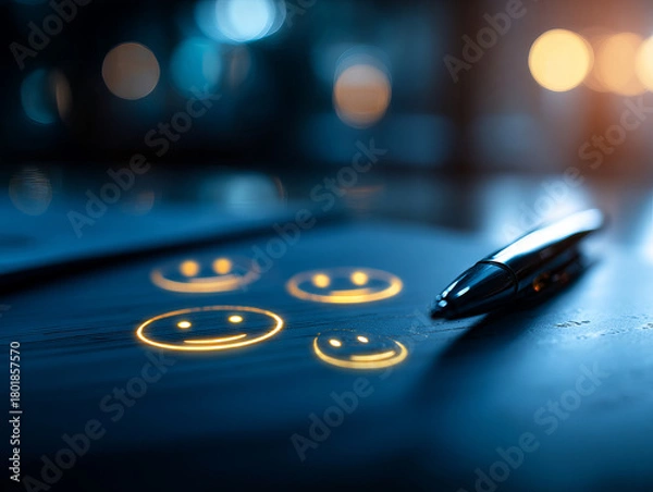 Obraz Customer feedback analysis with smiley faces drawn on paper, showcasing satisfaction levels