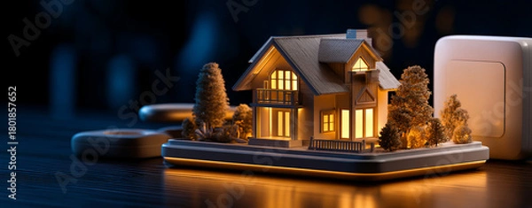 Obraz Creative smart home model with glowing lights and trees, showcasing innovative design solutions