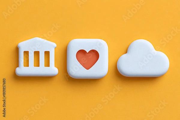 Obraz Modern icons representing bank, love, and cloud vibrant yellow background evoke sense