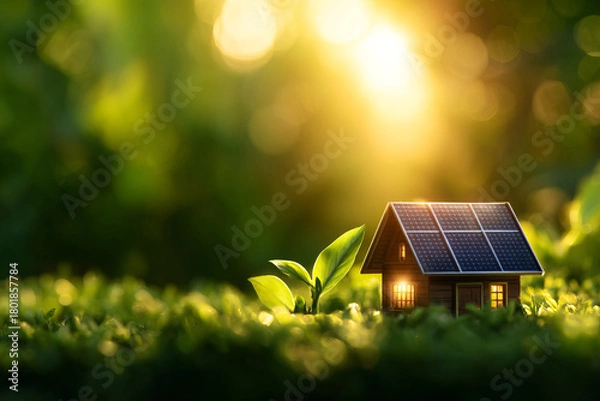 Obraz Solar powered smart home surrounded by greenery, showcasing innovative energy solutions