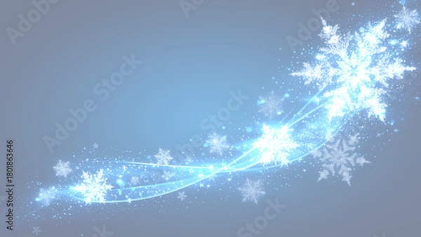 Obraz 青い背景に舞う輝く雪の結晶と光の波