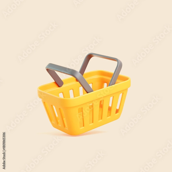 Obraz 3D Yellow Shopping Basket with Gray Handles on Beige Background
