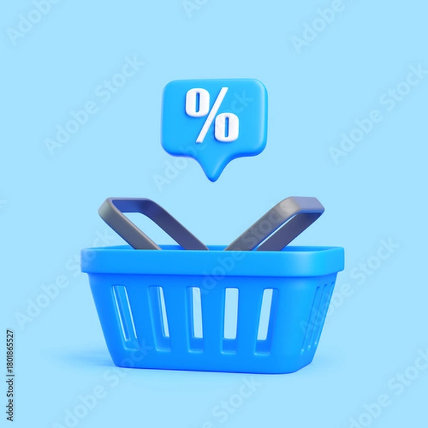 Fototapeta Blue Shopping Basket with Floating Discount Icon