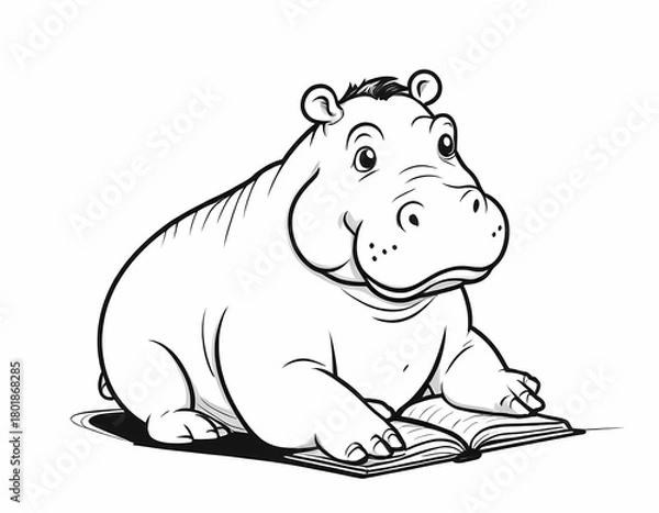 Fototapeta Cute hippo writing in a notebook preschool coloring page