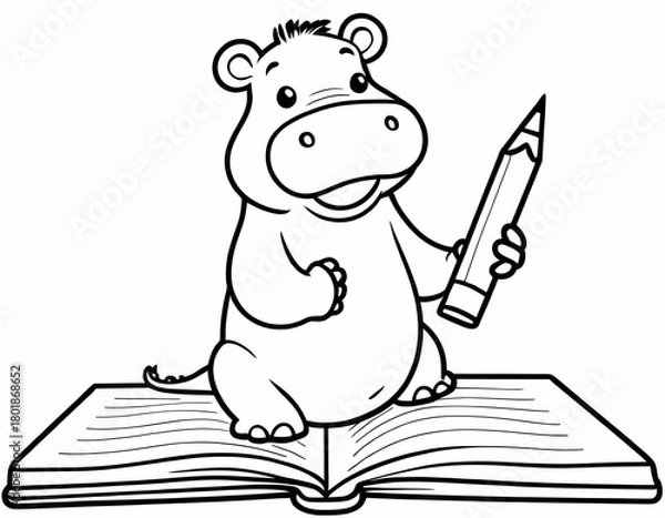 Obraz Cute hippo writing in a notebook preschool coloring page
