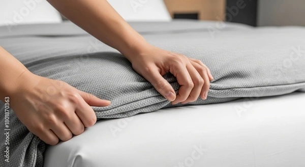 Fototapeta Closeup of a housekeeper's hands tucking a gray blanket on a large bed in a hotel room – daily housekeeping routine