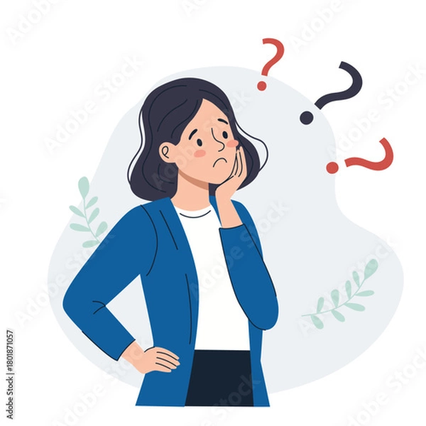 Obraz Woman pondering with question marks. Feeling unsure or confused. Making decision and problem solving concept. Searching for idea, thought.