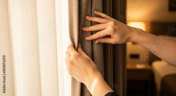 Fototapeta Close-up of a housekeeper's hands adjusting a curtain in a hotel room – daily housekeeping routine, hotel room service poster