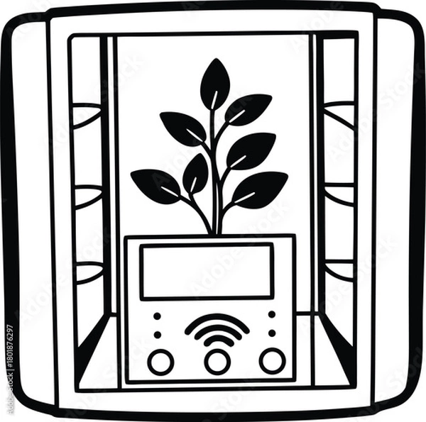 Obraz Hand drawn illustration of a smart plant growing in a futuristic hydroponic system with wifi symbol