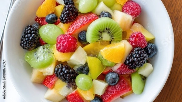 Obraz Colorful fruit salad in a white bowl.