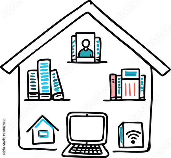 Obraz Hand drawn illustration of a house interior with a laptop, books, and a person working from home vector