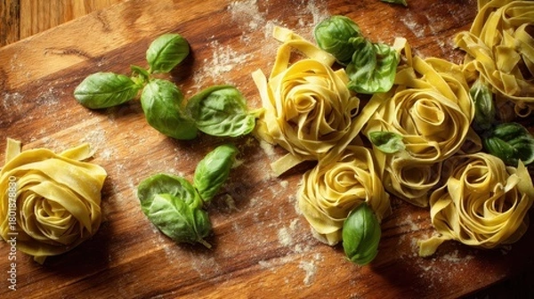 Obraz Uncooked pasta and fresh basil on a wooden board.