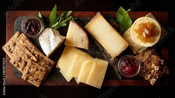 Fototapeta Assorted cheeses, crackers, and fruit preserves on a wooden board.