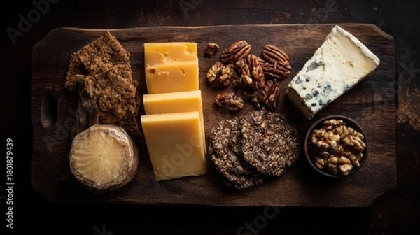 Obraz Assorted cheeses and crackers on a wooden board.