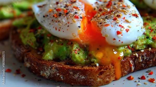 Obraz Poached eggs atop avocado toast, drizzled with yolk.