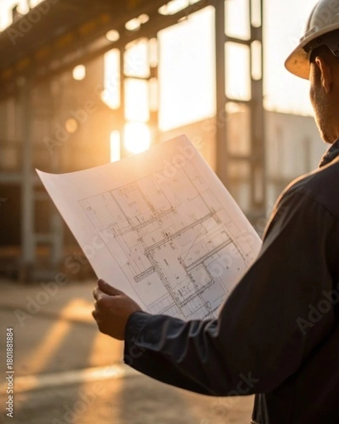 Obraz Engineer examining technical blueprint at sunrise industrial site closeup soft focus construction insights