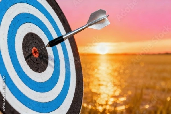 Fototapeta Target with dart at sunset over water, symbolizing focus and goals.