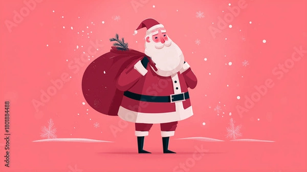 Obraz Festive illustration of Santa Claus surrounded by cheerful elves and holiday music elements, perfect for Christmas-themed designs and children’s content