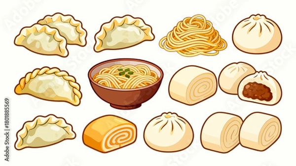 Obraz A collection of noodle delicacies, cartoon hand-drawn vector illustrations, dumplings, noodles, shumai, steamed buns, mantou, and bread