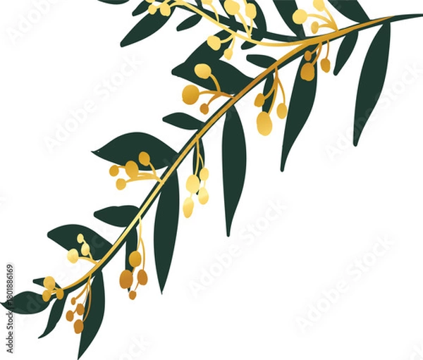 Obraz Elegant Golden Olive Branch with Black Leaves Symbolizing Peace and Prosperity Design Element for Invitations Cards Decorations or Natural Product Packaging Isolated