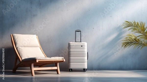 Obraz White Suitcase and Wooden Deck Chair Against Concrete Wall with Plants