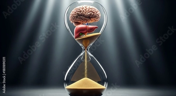 Fototapeta Time is ticking on brain and liver health, use this image to remind people to protect their bodies before time runs out with this surreal hourglass