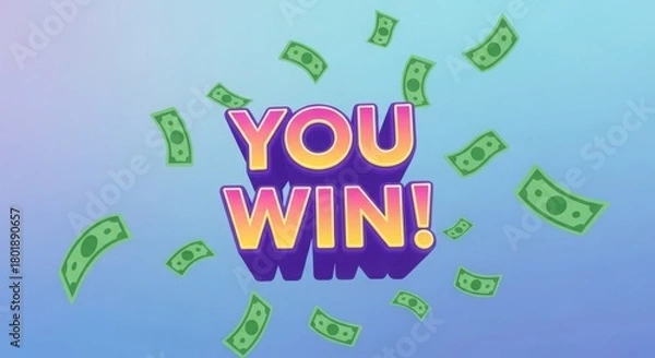 Fototapeta You win message with falling money on a blue background with gradient