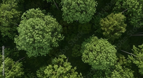 Fototapeta Aerial view of a dense green forest canopy with sunlight filtering through leaves