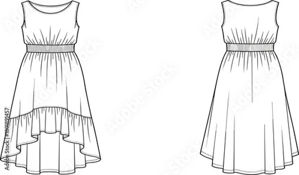 Obraz Elegant high-low dress fashion sketch, front and back technical flat illustration, sleeveless garment design, ruffle hem, apparel template, vector outline drawing