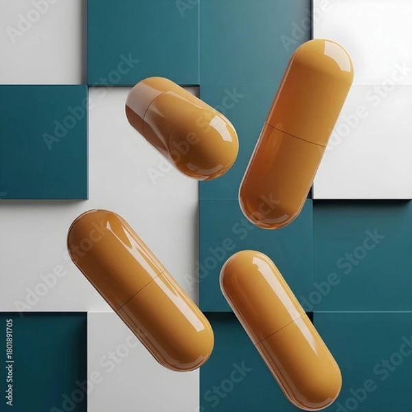 Obraz Four golden brown sausage links arranged diagonally on a teal and white checkered background