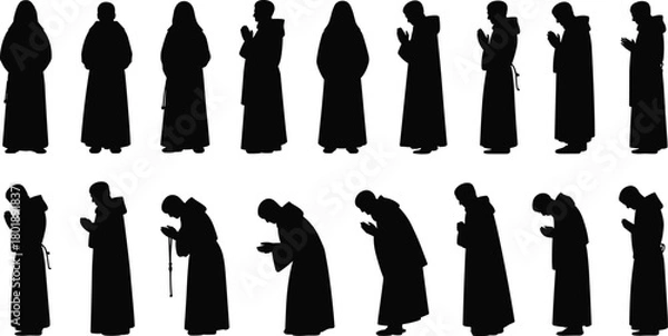 Fototapeta Monk silhouettes praying and bowing in humble religious poses, expressing spirituality, devotion, meditation, ritual worship, peaceful faith, sacred tradition, and serenity
