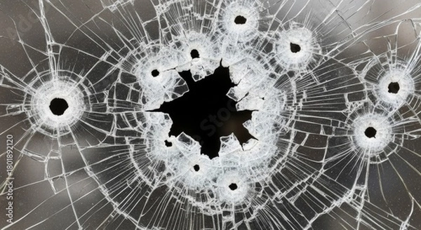 Obraz Glass window shattered by multiple projectiles, showing damage patterns in detail. Concept of impact and violence.
