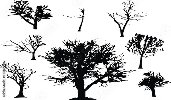 Obraz Collection of detailed leafless tree silhouettes showcasing diverse natural shapes, branches, textures, winter scenery elements, forest artwork, and seasonal botanical illustrations