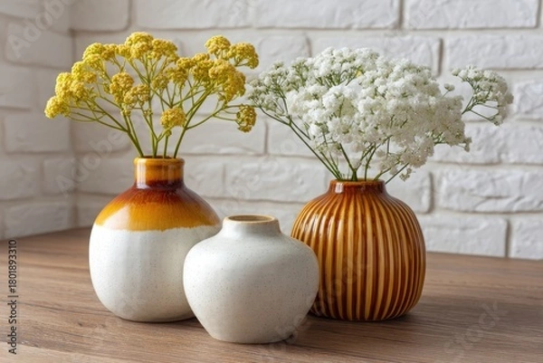 Fototapeta Three decorative ceramic vases with delicate yellow and white flowers on a wooden surface