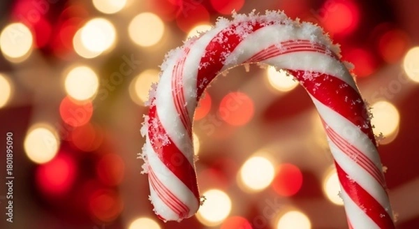Fototapeta Festive Christmas Candy Cane with Snow Dusting and Bokeh Lights Background for Holiday Celebrations
