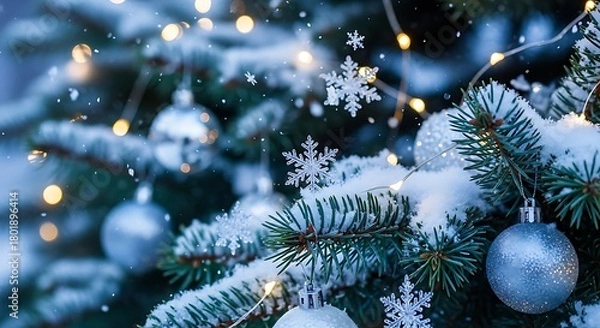 Obraz Festive Snow-Dusted Christmas Tree Branches with Silver Ornaments and Twinkling Lights for Holiday Celebration Decor