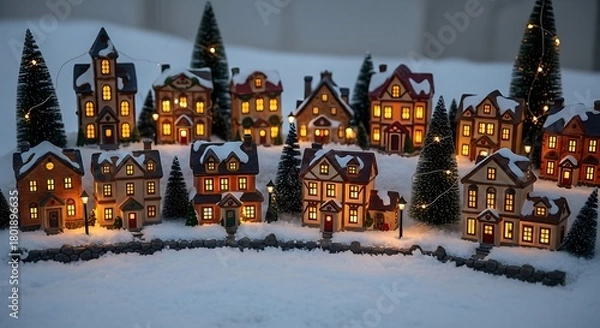 Fototapeta Festive Winter Village Scene with Illuminated Miniature Houses and Snow-Covered Landscape for Holiday Decoration or Seasonal Displays