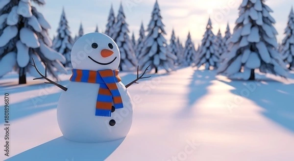 Obraz Joyful Snowman in a Serene Winter Landscape with Snow-Covered Pines at Sunset