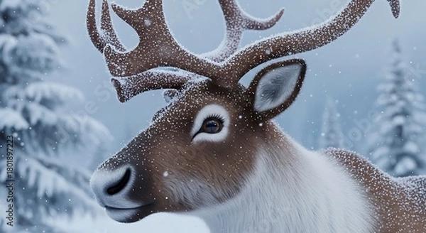 Fototapeta Magnificent Snow-Covered Deer with Large Antlers in Icy Forest Landscape for Winter Wildlife Photography and Nature Art