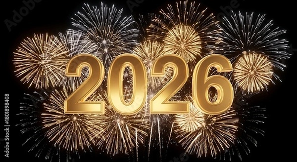 Obraz Spectacular Fireworks Display Celebrating the Arrival of 2026 with Glittering Lights and Golden '2026' Text Sparkling Against a Night Sky Background
