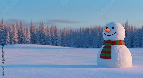 Obraz Whimsical Snowman in a Serene Winter Landscape with Coniferous Forest Under Clear Sky