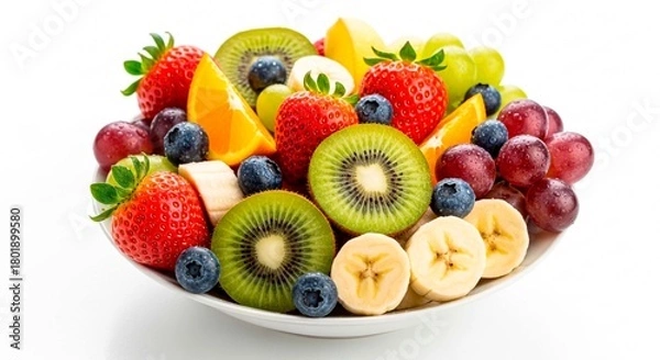 Obraz A vibrant bowl of mixed fruits featuring strawberries, kiwi, blueberries, grapes, banana, and orange slices