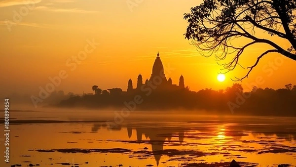 Obraz ziggurat. Ziggurat temple silhouette at sunset by a riverbank in misty atmosphere. inspiring travel planning, event programs, designed for cultural heritage projects and event programs.