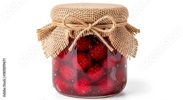 Fototapeta A glass jar filled with red raspberries and covered with burlap and tied with twine on a white background