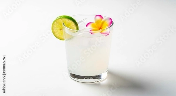 Fototapeta A refreshing cocktail with lime and flower garnish on a white surface in a clear glass cup