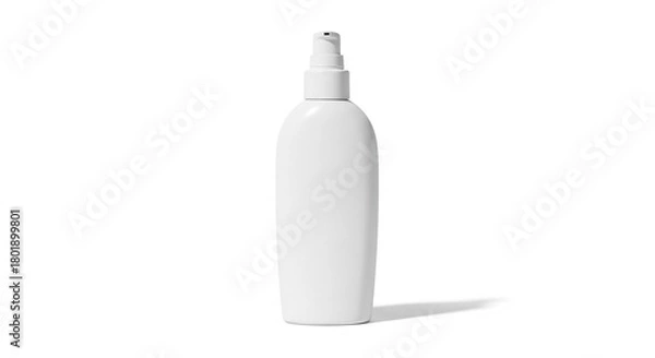 Fototapeta A simple white plastic bottle with a pump dispenser on a plain white background casting a soft shadow