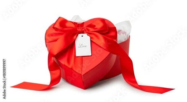 Fototapeta A heart shaped red gift box with a red ribbon and a love tag on a white background is displayed here